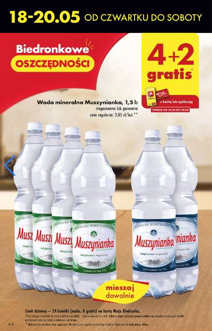 Woda mineralna Muszynianka 1,5L cena 1 butelki przy zakupie 6 @Biedronka