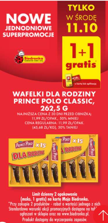 Wafelki Prince Polo 256g (15 sztuk) 1+1 gratis @Biedronka