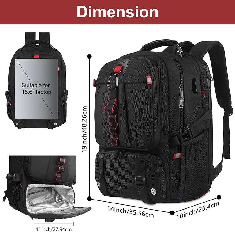 Yorepek Duży 17-calowy plecak na laptopa, z przegrodą na buty, wodoodporny, port ładowania USB, 50 litrów, Czarny