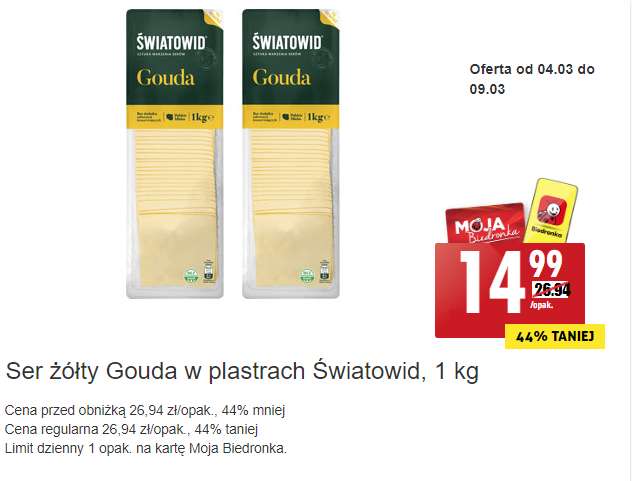 Ser żółty Gouda w plastrach Światowid 1 kg @Biedronka