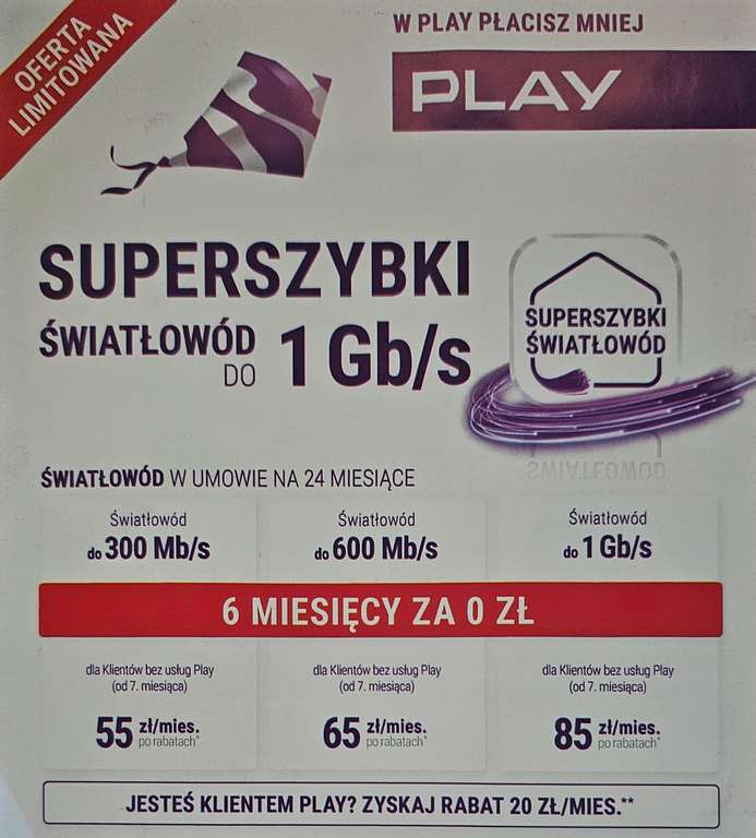 Światłowód Play 6 msc za 0 potem od 55 zł/msc (35 dla klientów Play) za 300Mb/s oferta na domki + opcjonalnie TV za 30 zł
