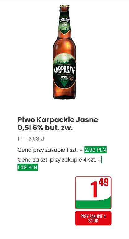 Piwo Karpackie Jasne 0,5l 6% - butelka zwrotna przy zakupie 4 sztuk