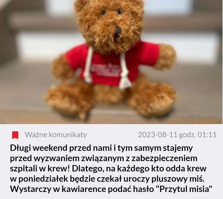 RCKiK Wrocław - 14.08.2023 - "Przytul Misia" ("sygnalizujemy pilną potrzebę oddawania krwi")