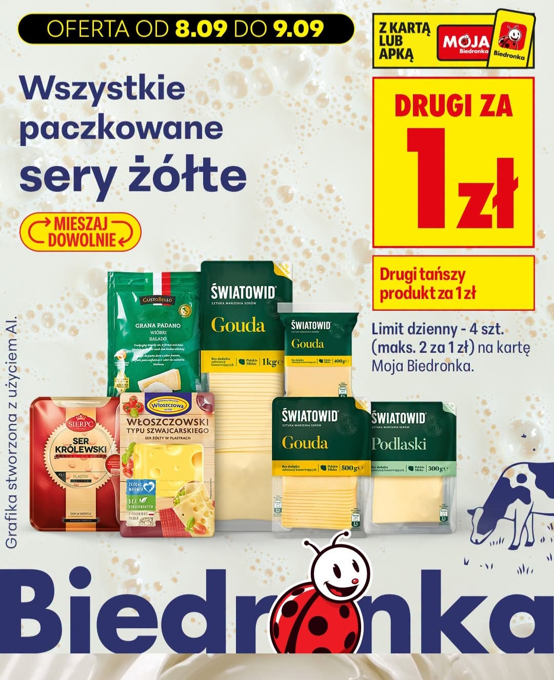 Wszystkie sery żółte paczkowane - drugi za 1 zł @Biedronka