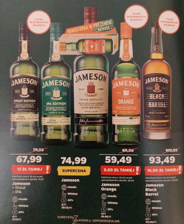 Whisky JAMESON - BLACK BARREL 40% lub ORANGE 30%, w butelce 0,7L. NETTO