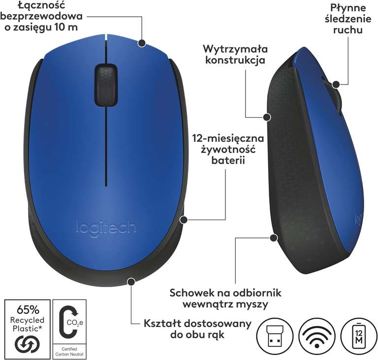 Mysz bezprzewodowa Logitech M171 do PC, Mac, Laptopów - 2.4 GHz, niebieska