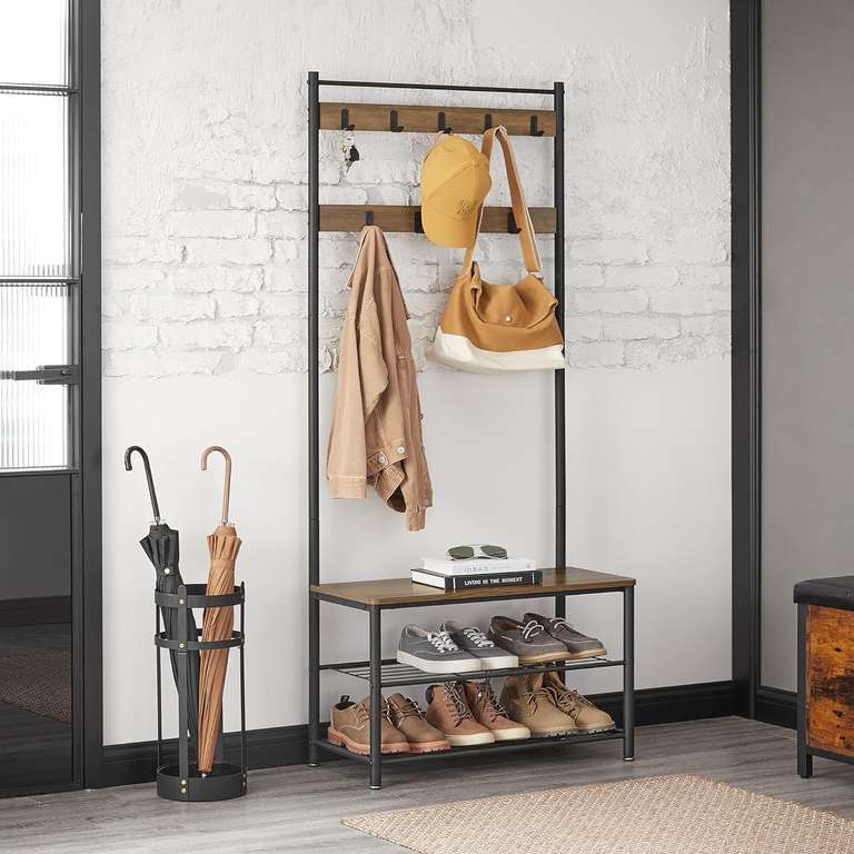 VASAGLE wieszak na ubrania, z półkami na buty, z siedziskiem wykonany z metalu, 175 cm, orzech brązowo-czarny @Amazon