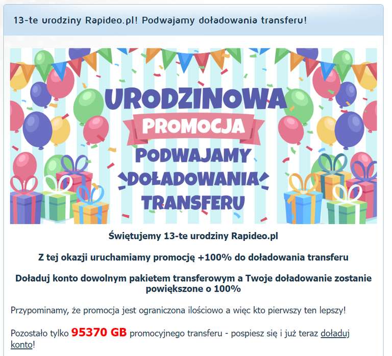 Urodzinowa promocja w Rapideo.pl +100% do doładowania transferu Rapideo.pl