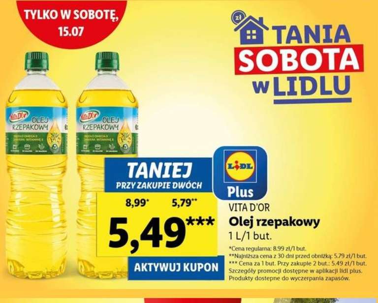 Olej rzepakowy VITA D'OR 1 l Lidl cena przy zakupie 2 szt.