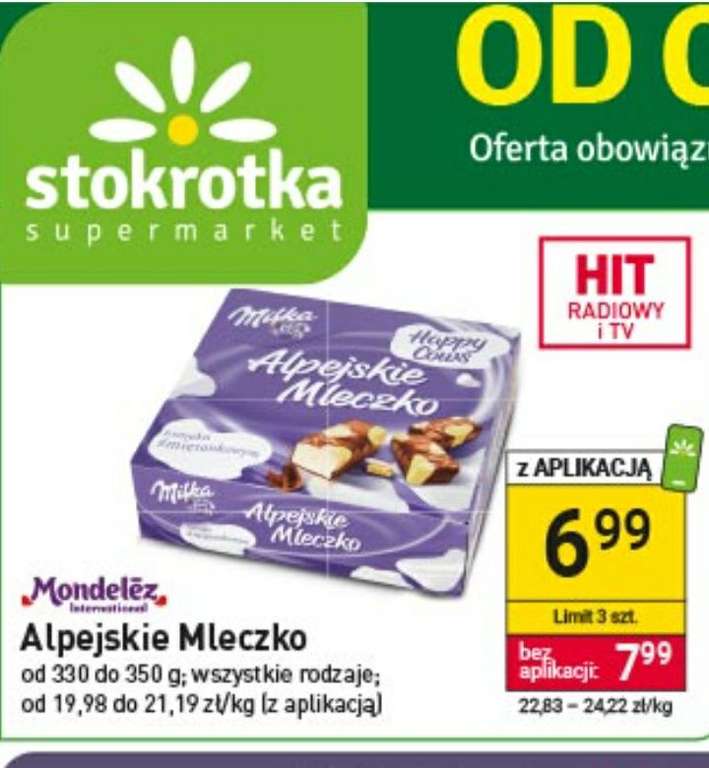 Alpejskie Mleczko Milka, cena z aplikacją, (też kiwi po 6.99zł za kg), Stokrotka