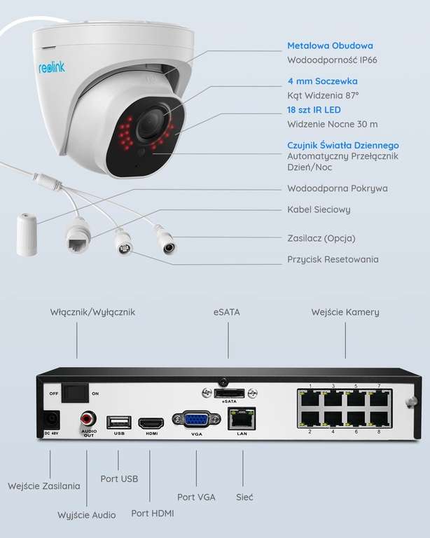 Zestaw monitoringu Reolink RLK8-800D4-A (4 kamery kopułkowe 4K, ruchome + rejestrator 2TB)