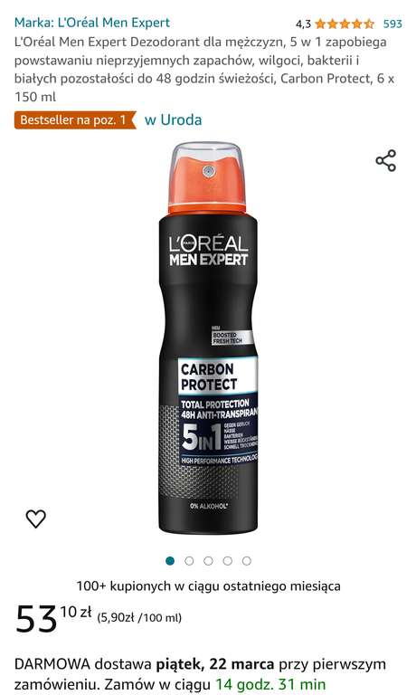 L'Oréal Men Expert Carbon Protect Antyperspirant 150 ml, 8,67 zł sztuka, Amazon, z prime dostawa gratis, już tylko jeden rodzaj