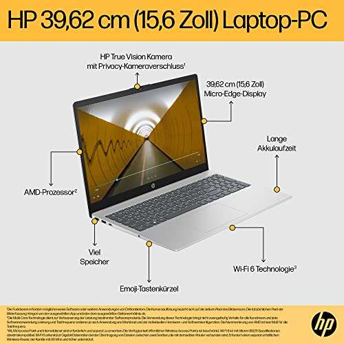 HP Laptop 15,6" FHD IPS | Ryzen 5 7520U | 16 GB RAM | 512 GB SSD | Windows 11 Home | QWERTZ | srebrny | HP Fast Charge DE 412,41€