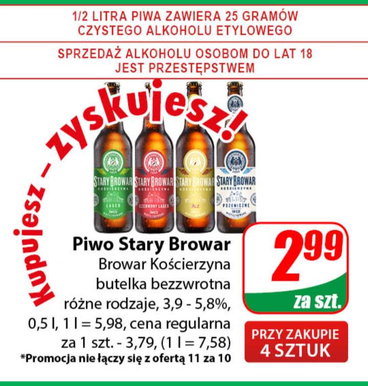 Dino Piwo Stary Browar Browaru Kościerzyna Lager, Czerwony Lager, Pils, Pszeniczne 2,99 zł 0,5 l butelka bezzwrotna przy zakupie 4 sztuk