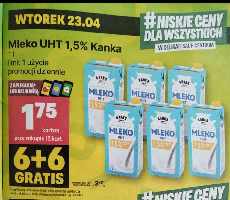 Mleko UHT Kanka 1,5% 1L 6+6 gratis @Delikatesy Centrum