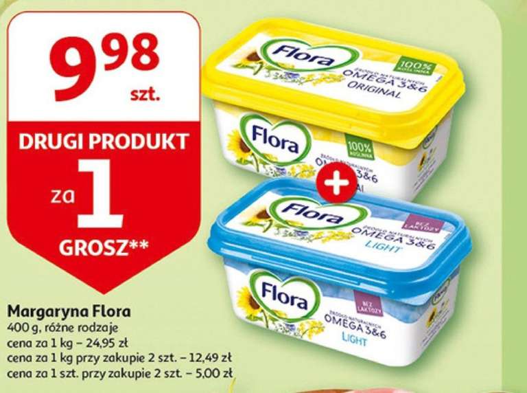 Margaryna Flora 400 g, różne rodzaje drugi produkt za 1 grosz - Auchan