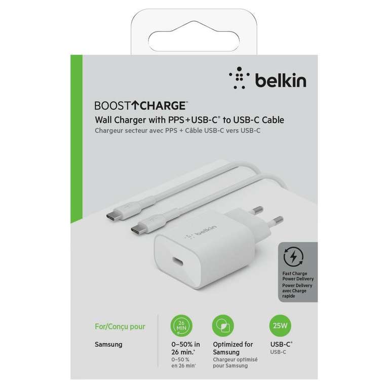 Ładowarka Belkin BoostCharge USB-C PD 25W z PPS + kabel USB-C/USB-C 1m WCA004VF1MWH-B6