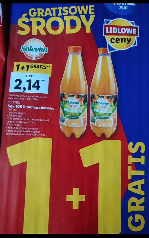 Sok pomarańczowy Solevita 1L 1+1 gratis cena 1 butelki przy zakupie 2 @Lidl