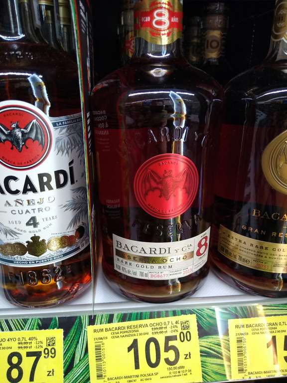 Przeceny na kilka mocniejszych alkoholi w Szczecinie Carrefour Turzyn: Bacardi, Chopin, Bombay, Hendrick's, Auchentoshan