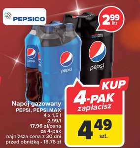 Pepsi / Pepsi Max 4x1.5l za 17,96zł (2,99zł/l) Carrefour