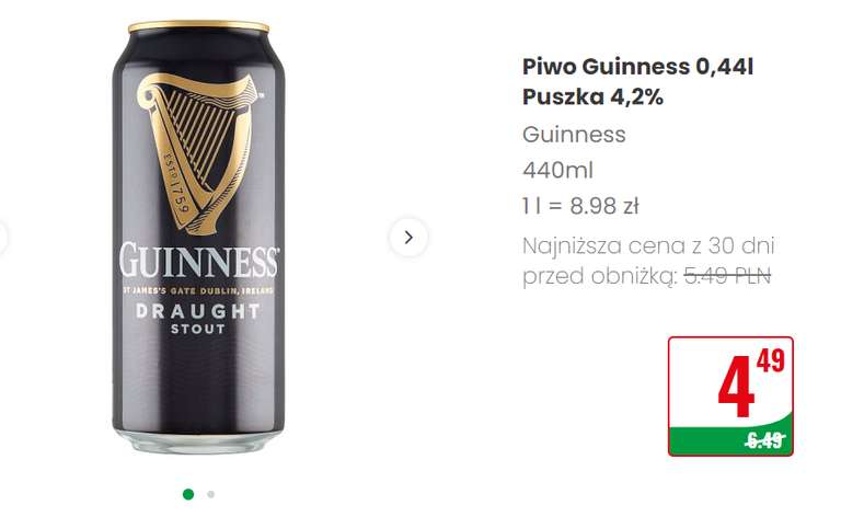 Piwo Guinness 0,44l 4,2% za 4,49 zł w Dino
