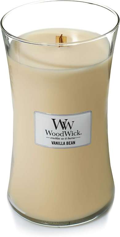 Duża świeca zapachowa WoodWick w kształcie klepsydry, trzeszczący knot, pokrywka Black Cherry, czas do 130 godzin, Fasola Waniliowa