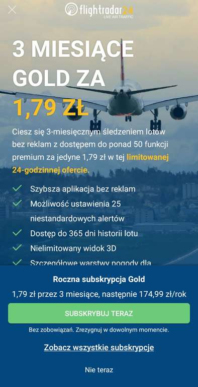 Flightradar24 / 3 miesiące gold za 1,79zł