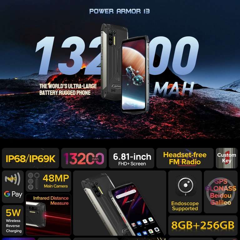 Smartfon Ulefone Power Armor 13 8/256 GB (bateria 13200 mAh, 6.81", 48 MP, IP68/IP69K) | Wysyłka z CZ | $249.99 @ Banggood