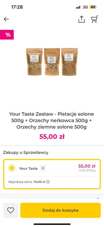 Your Taste Zestaw - Pistacje solone 500g + Orzechy nerkowca 500g + Orzechy ziemne solone 500g