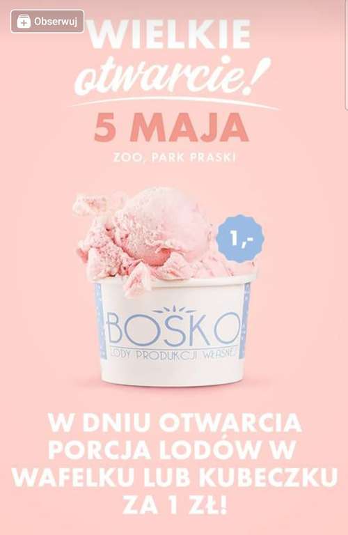 Porcja lodów za 1pln z okazji otwarcia lodziarni BOSKO w Warszawie 5.05.2024