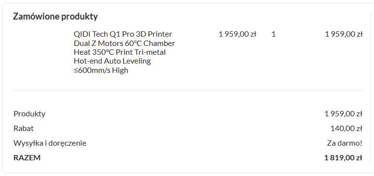Drukarka 3D Qidi Q1 Pro do filament Carbon ABS ASA PLA Cosplay z aktywnie grzaną komorą 60C dysza 350C stół 120C @ Geekbuying