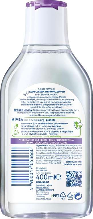 NIVEA 5w1 Pielęgnujący płyn micelarny do cery wrażliwej i nadwrażliwej 400 ml. Formuła 3w1 z pantenolem i olejkiem z pestek winogron