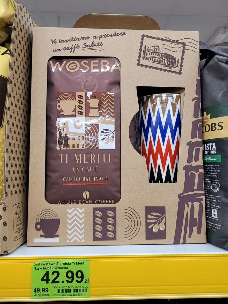 Kawa ziarnista WOSEBA Ti Meriti 1000g w zestawie z dużym kubkiem, Dino