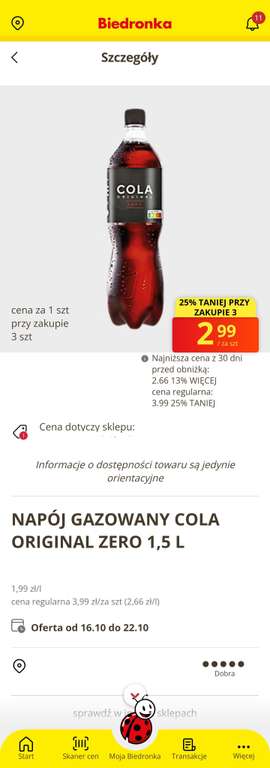 Cola Orginal Zero 1,5L -25% przy zakupie trzech