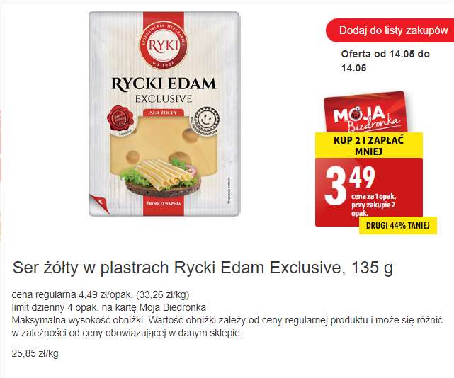 Ser żółty w plastrach Rycki Edam Exclusive, 135 g - Kup 2 i zapłać mniej z kartą Moja Biedronka