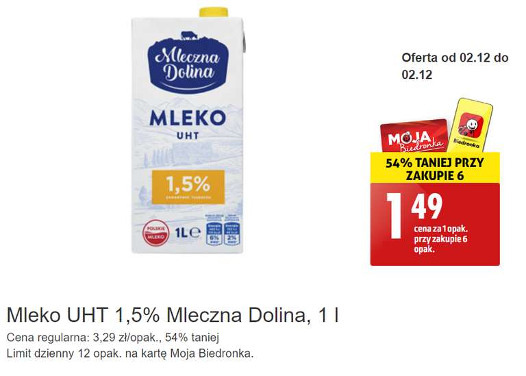 Mleko Mleczna Dolina 1,5% 1l - 1.49zł/szt przy zakupie 6 z kartą - Biedronka
