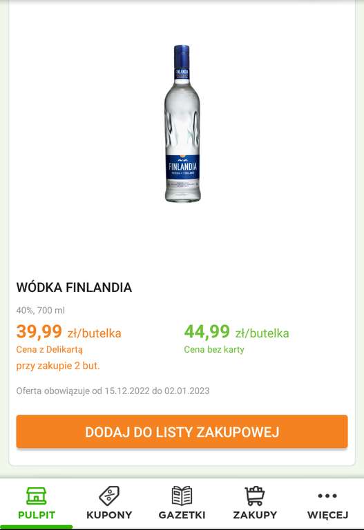 Wódka Finlandia 0.7 przy zakupie 2szt. z kartą Delikarta @ Delikatesy Centrum