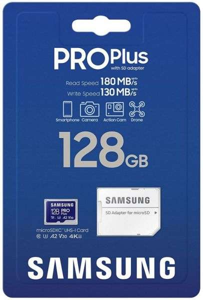 Samsung microSDXC PRO Plus 128 GB 2023 + adapter SD, A2 V30 U3 UHS-I, odczyt/zapis 180/130 MB/s