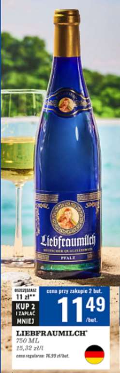 Wino białe półsłodkie Liebfraumilch 0,75l (cena przy zakupie dwóch). Biedronka