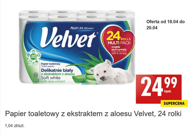 Papier toaletowy z ekstraktem z aloesu Velvet, 24 rolki, 1,04 zł/szt. - Biedronka