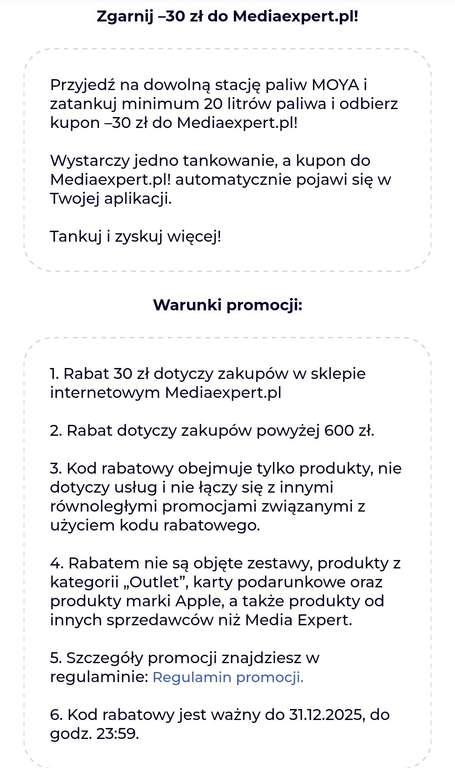 Kupon -30 z do mediaexpret.pl (Media Expert) za zatankowanie min. 20l  paliwa na stacji paliw Moya - Pepper.pl
