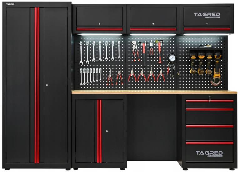 Meble garażowe Targed warsztatowe 260cm, 7 MODUŁÓW LED