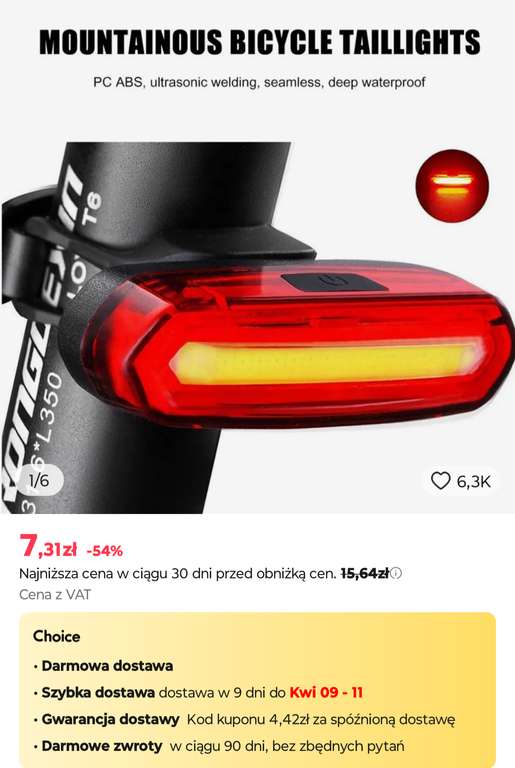 Tylna lampka rowerowa - $1.79