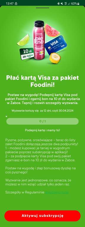 Żabka subskrypcja Foodini + e-bon 10 zł za podpięcie karty Visa