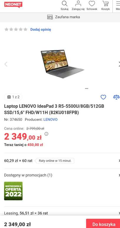 Laptop LENOVO IdeaPad 3 R5-5500U/8GB/512GB SSD/15,6" FHD/W11H (82KU018FPB)