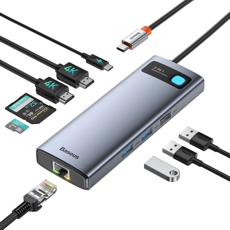 Baseus WKWG060013 Stacja dokująca USB C, Dual Monitor, 9 w 1, USB C HUB 2, 4K HDMI, Gigabit Ethernet, 100W PD, SD/TF, 3 USB, USB C Multiport