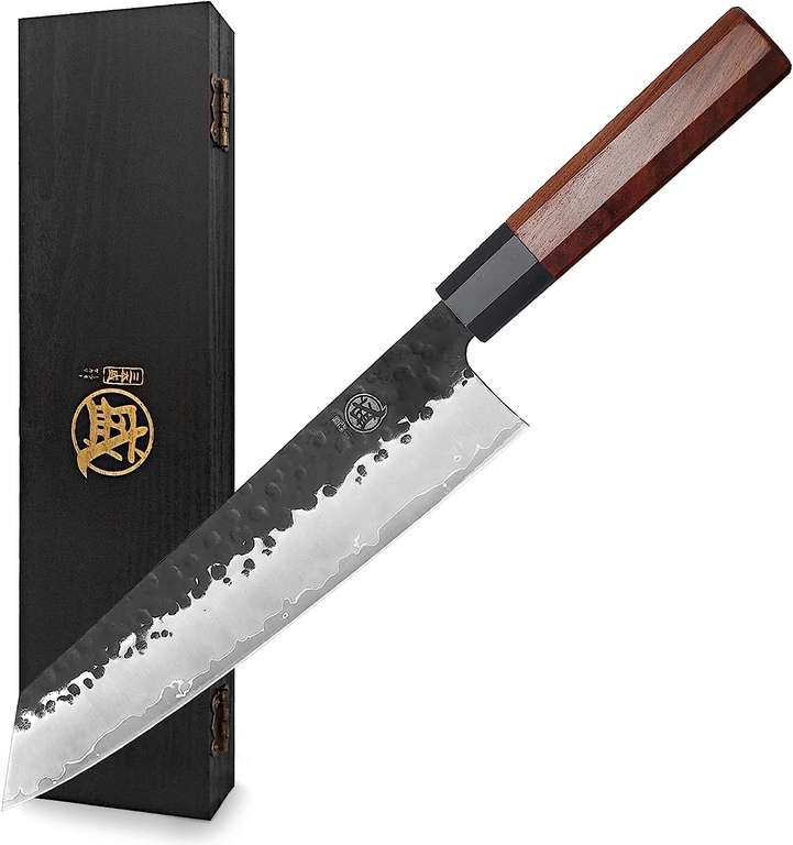 MITSUMOTO SAKARI 23cm Japoński Nóż Kuchenny, Kiritsuke, wysokowęglanowa stal nierdzewna, ręcznie kuty, do mięsa, uchwyt z drewna różanego