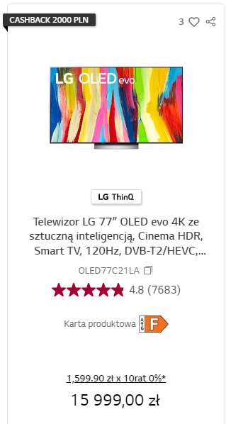 Telewizor LG 77" 4K OLED77C21LA z LG cashback, 20 rat jedna gratis, możliwe 11019zł, w promocji też 65" możliwa cena 5959zł