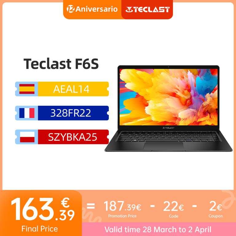 Laptop 13.3 cala Teclast F6S 8/128 GB/Win10 (wysyłka z Francji) @AliExpress