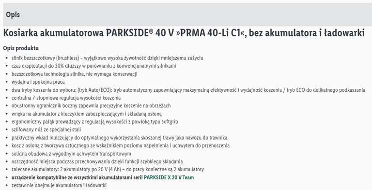 PARKSIDE Akumulatorowa kosiarka 40 V, PRMA 40-Li C1 (bez akumulatora i ładowarki)